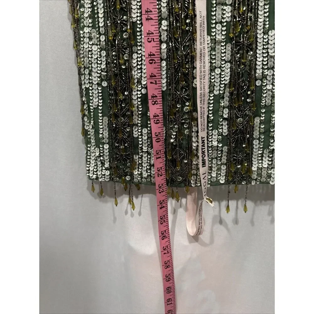 NWT Mac Duggal [ 8 ] 5980 High Neck Short‎ Sleev Crystal Fringe Dress Sage Q931